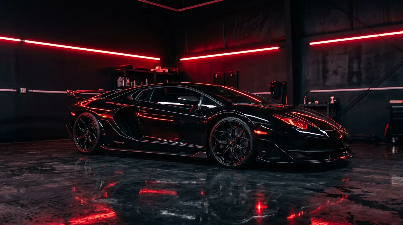 Superesportivo preto com reflexos vermelhos no estúdio da Estética Car